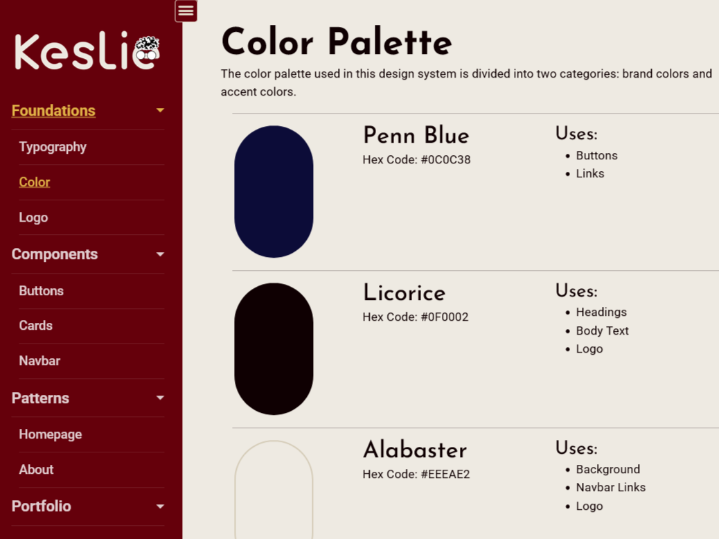 Screenshot of the color page for Keslie's design system